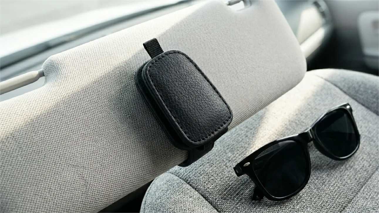 A black magnetic leather sunglasses holder attached to a car sun visor, with a pair of black sunglasses resting on the car seat below.